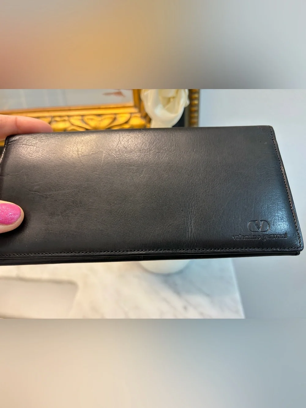 Vintage Valentino Garavani Black Leather Card Holder with Embossed Logo
